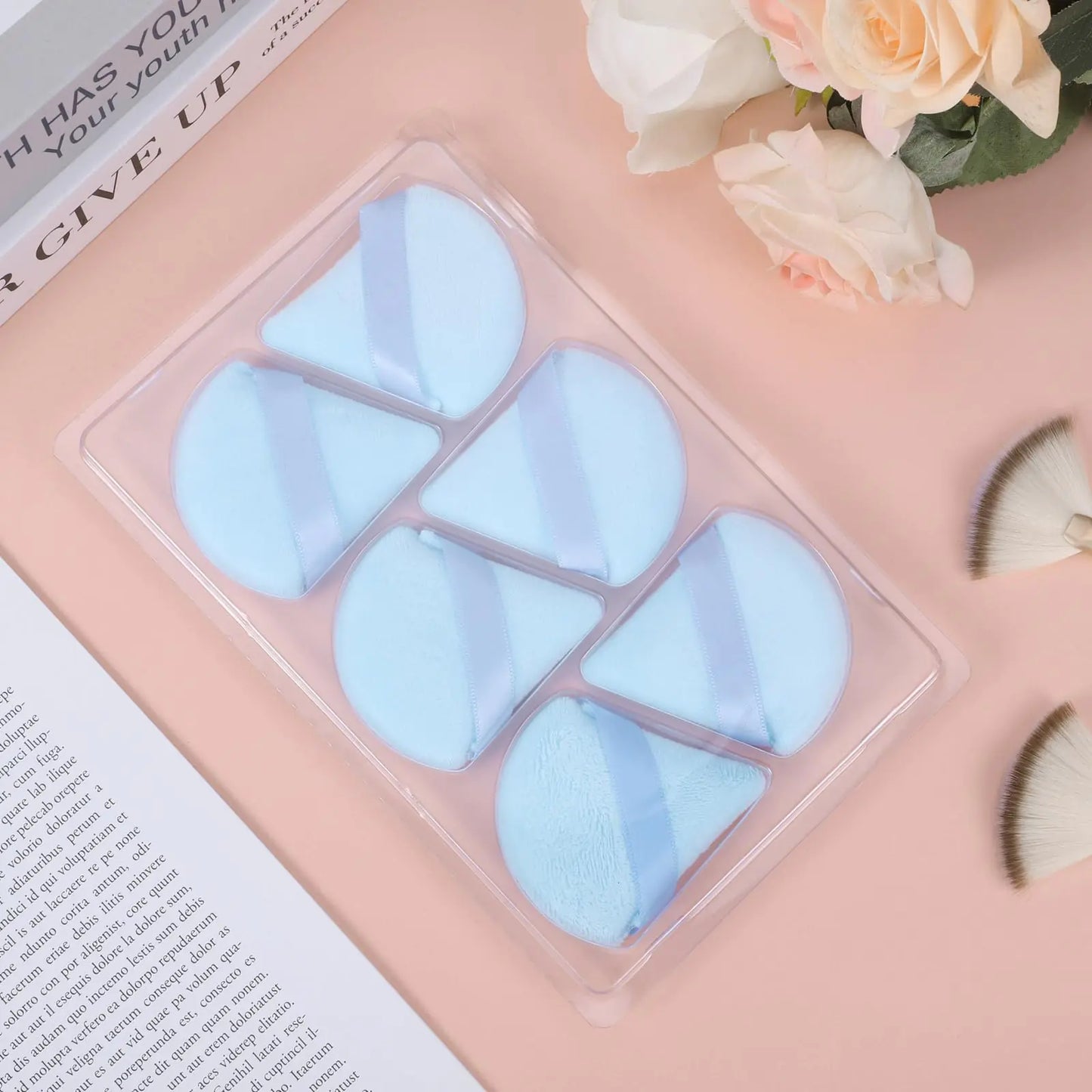 Pimoys 6 Pieces Powder Puff Face Soft Triangle Makeup Puff for Loose Powder Setting Powder, Velour Makeup Blender Sponge Set Beauty Makeup Tool, Blue