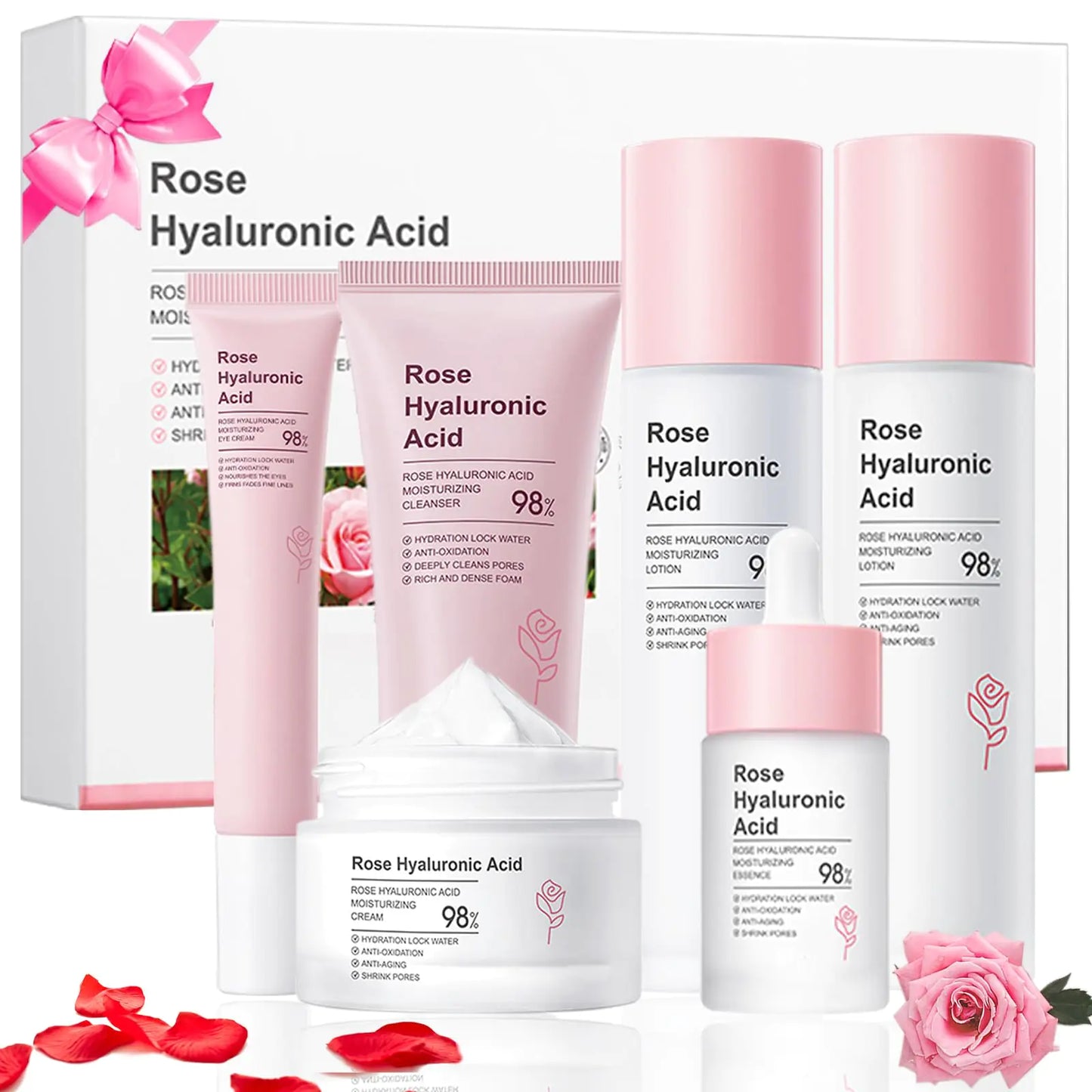 Rose Skin Care Sets Christmas Gifts for Womens6PCS Skincare Kit HydrateRepair With Face Hyaluronic Acid Serum CleanserTonerGelEssence EyeCream Anti-Aging Skin Care Products Kit for Women Teen