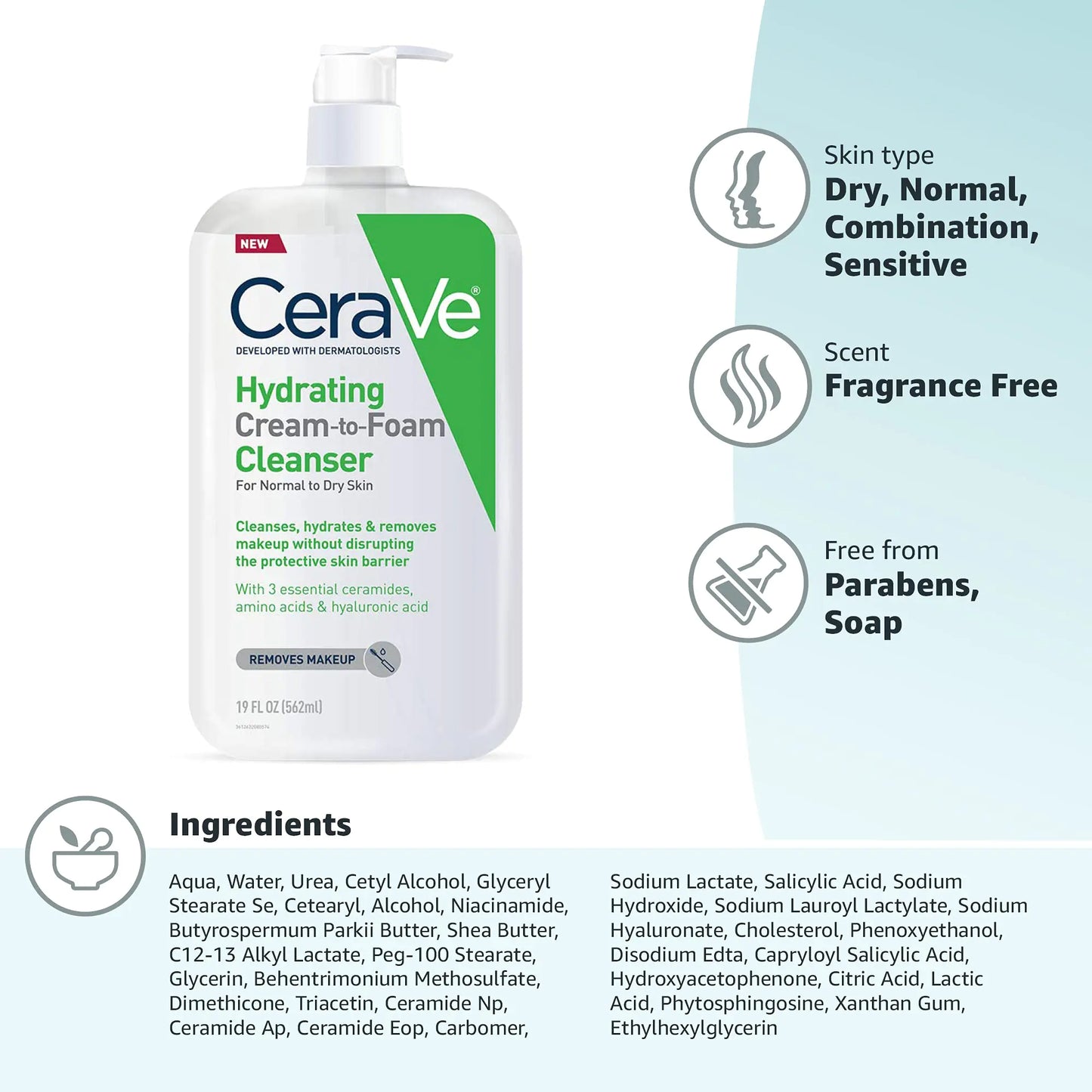 CeraVe Hydrating Cream To Foam Cleanser | Makeup Remover Face Wash For Dry Skin | Foaming Facial Cleanser With Hyaluronic Acid | Normal To Dry Skin | Fragrance Free & Non Comedogenic | 19 Fluid Ounce 19 Fl Oz (Pack of 1)