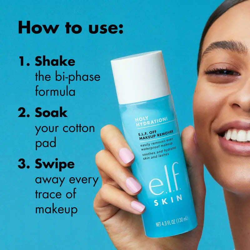 e.l.f. SKIN Holy Hydration Off Makeup Remover, Liquid Makeup Remover For Eye, Lip & Face Makeup, Gentle Formula, Vegan & Cruelty-free Unscented 4.3 Fl Oz (Pack of 1)